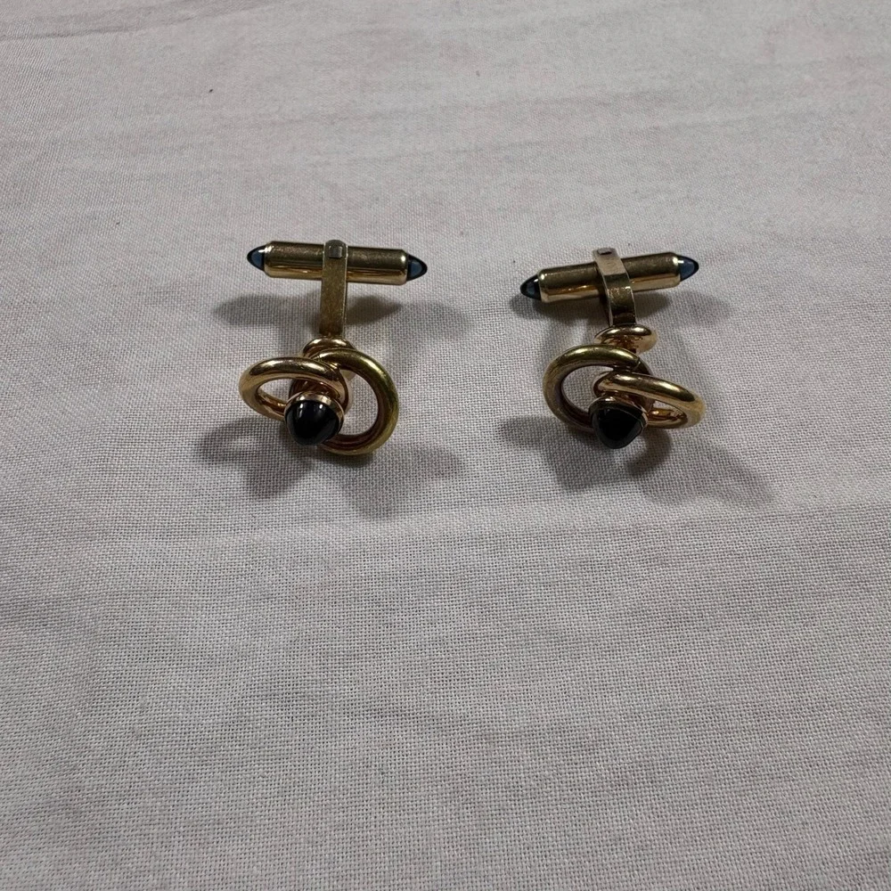 Menzies Gold Tone Black‎ Stone Swirl Design Cufflinks